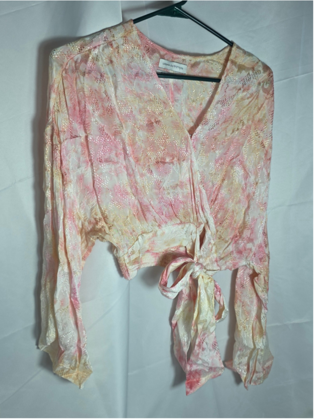 Women's Urban Outfitters Wrap Blouse XS Pink Gold Tie Front Long Sleeve boho